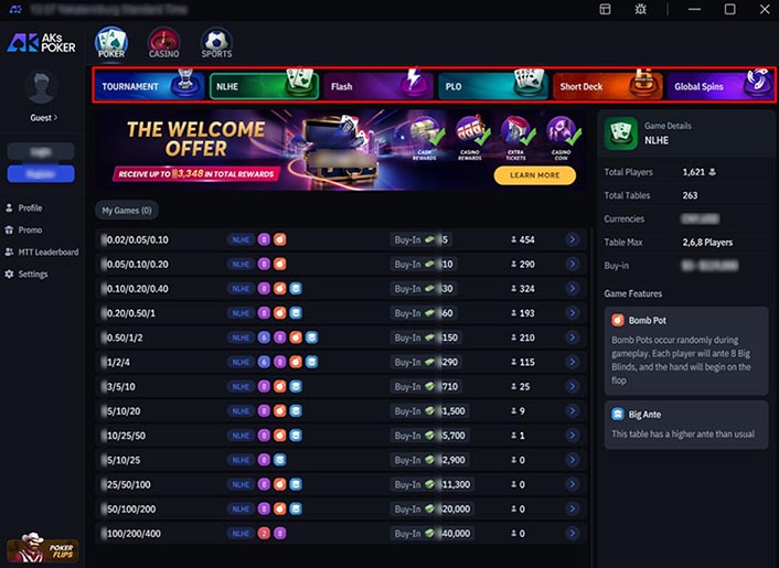 Меню игровых форматов в клиенте AKs Poker