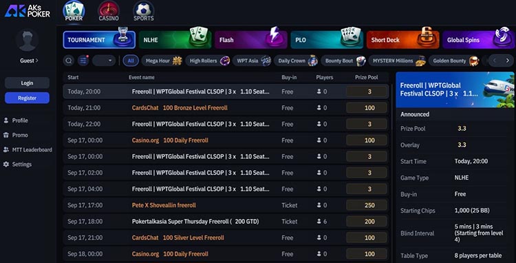 Список турниров в лобби AKs Poker